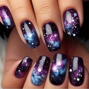 Designer 24 Pcs Blue and Purple Galaxy Shiny Glitter Press on Nails